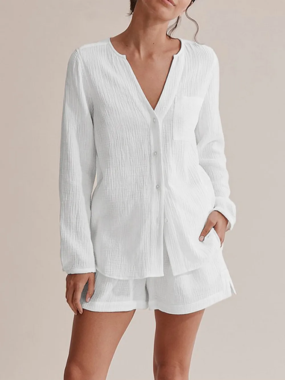 Notched Long Sleeve Top and Shorts Set, image 2