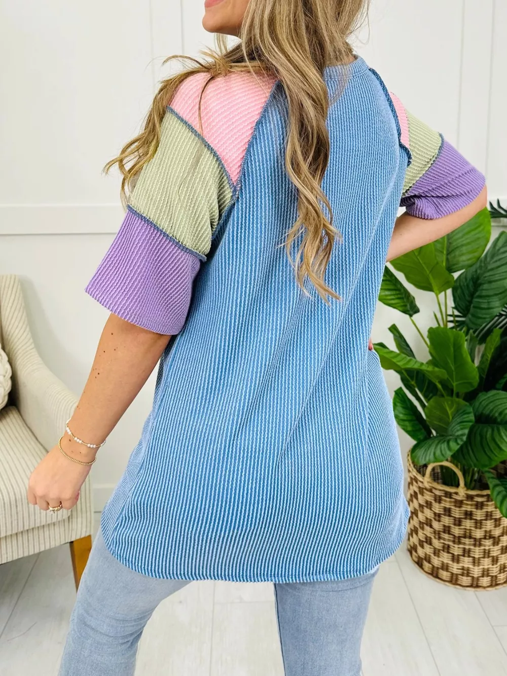 Twisted Rib Color Block Patchwork Short Sleeve Henley Top, image 2