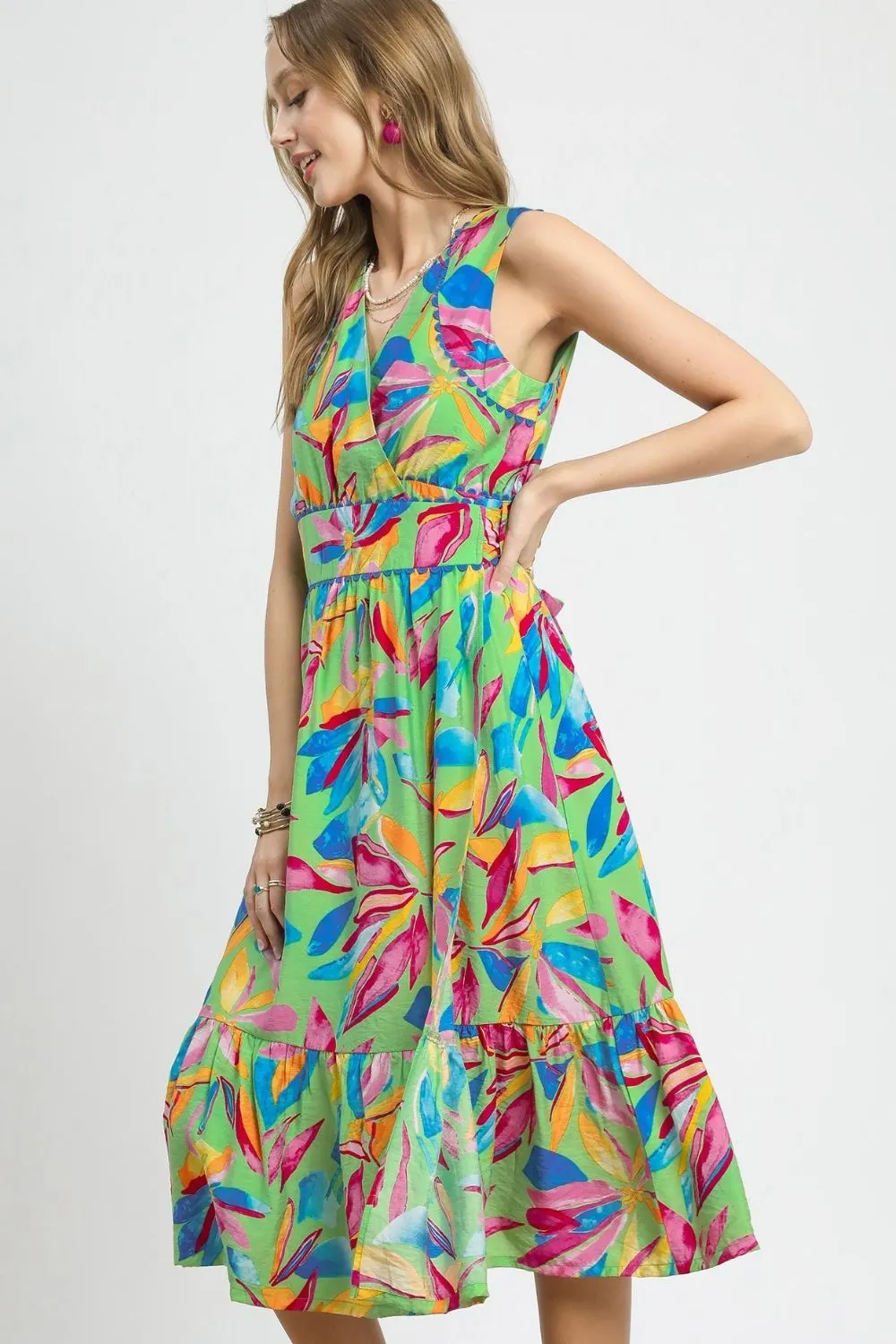 Ruffled Hem Printed Sleeveless Midi Dress, image 2