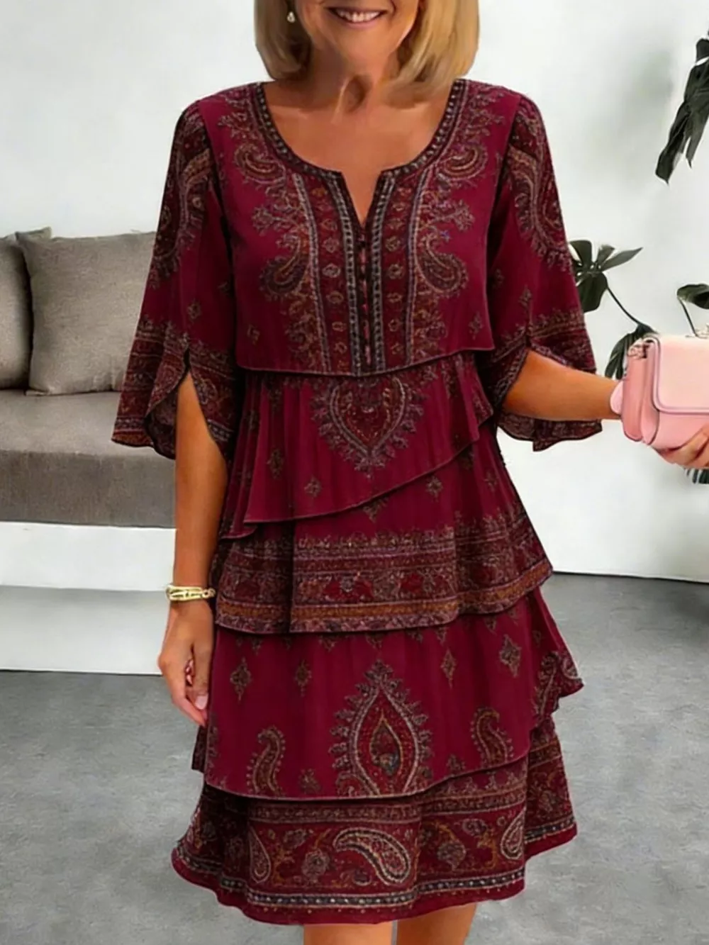 Full Size Paisley Print Layered Ruffle Mini Dress Plus Size, image 6