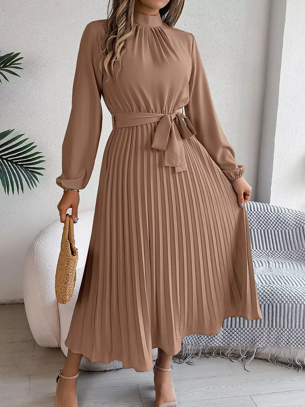 Mock Neck Pleated Midi Dress, image 2