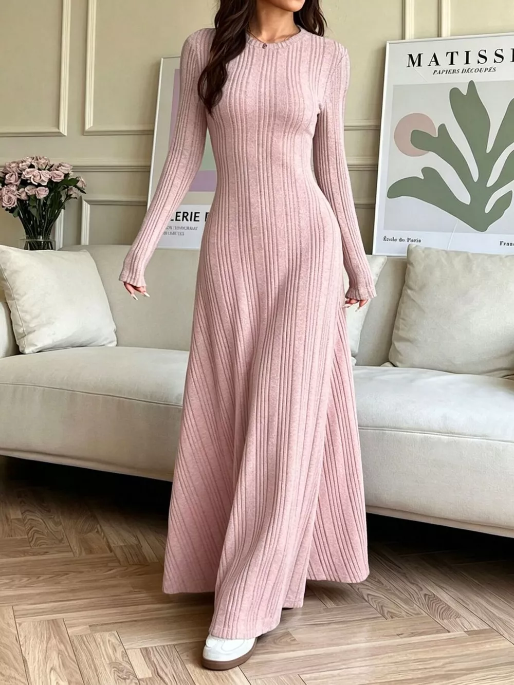 Long Sleeve Ribbed Knit Dress, image 5