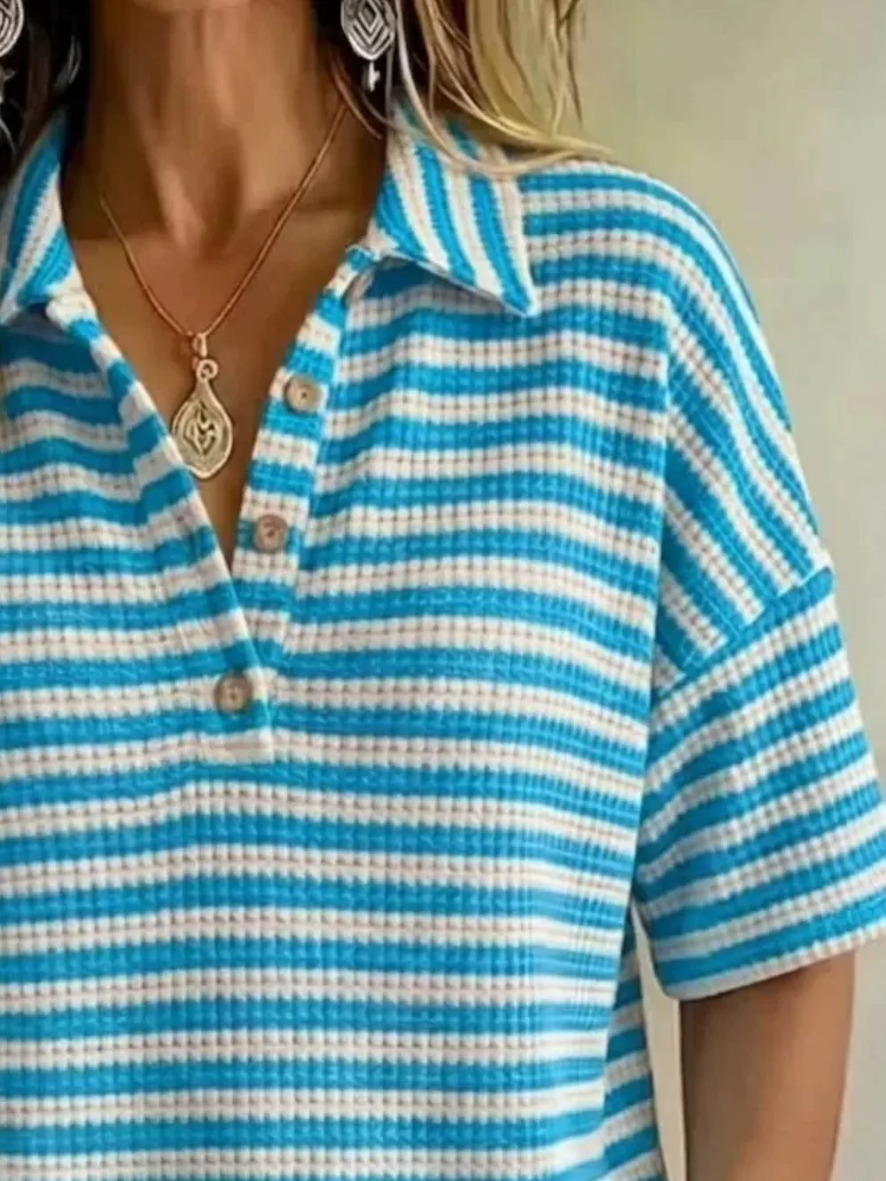 Full Size Contrast Striped Knit Polo Shirt Plus Size, image 14