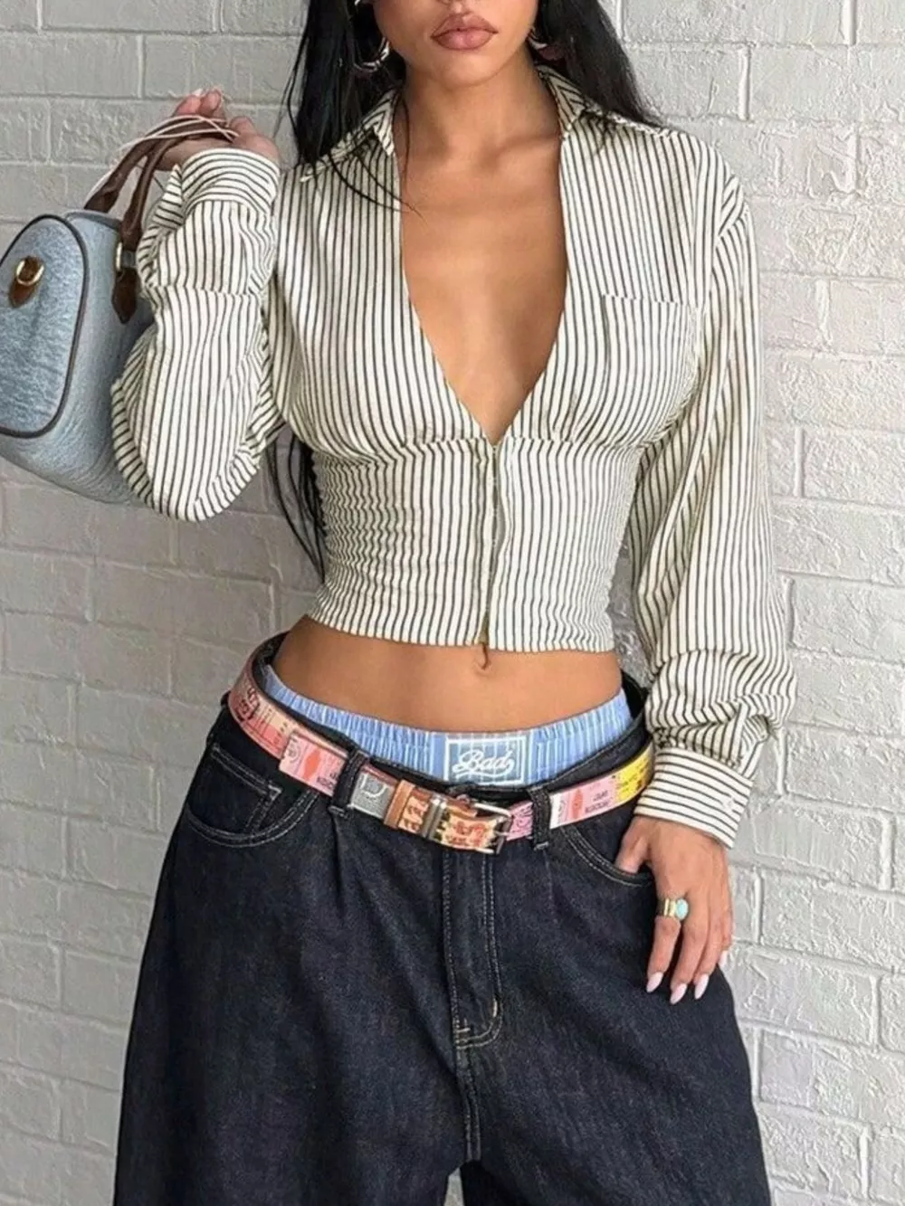 Deep V-Neck Striped Long Sleeve Blouse, image 4