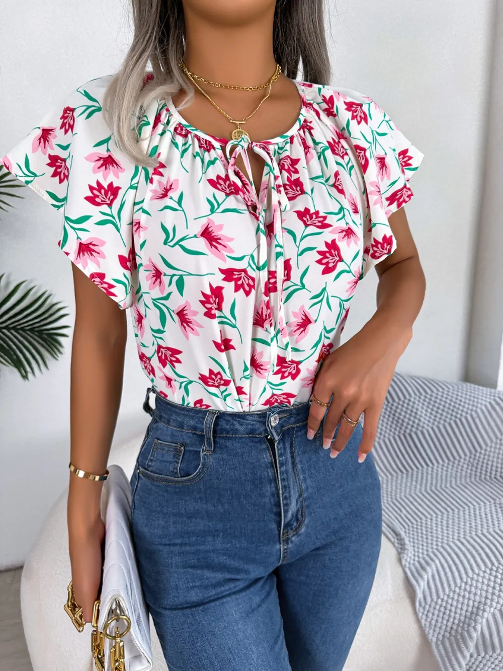 Floral Tie Neck Flutter Sleeve Blouse, image 16