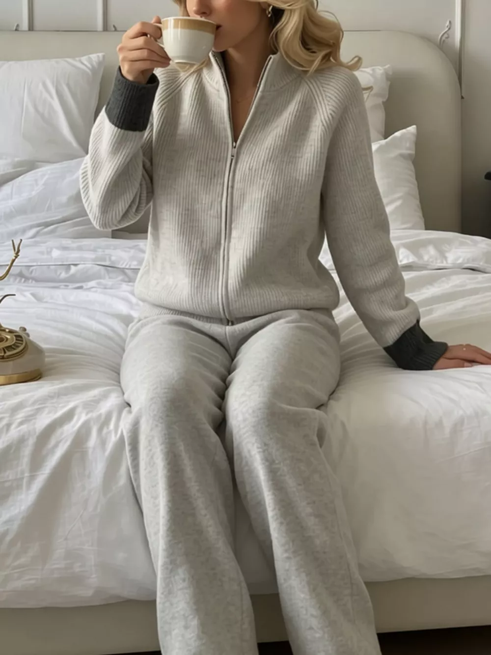 Zip-Up Contrast Cuff Cardigan and Pants Sweater Set, image 4