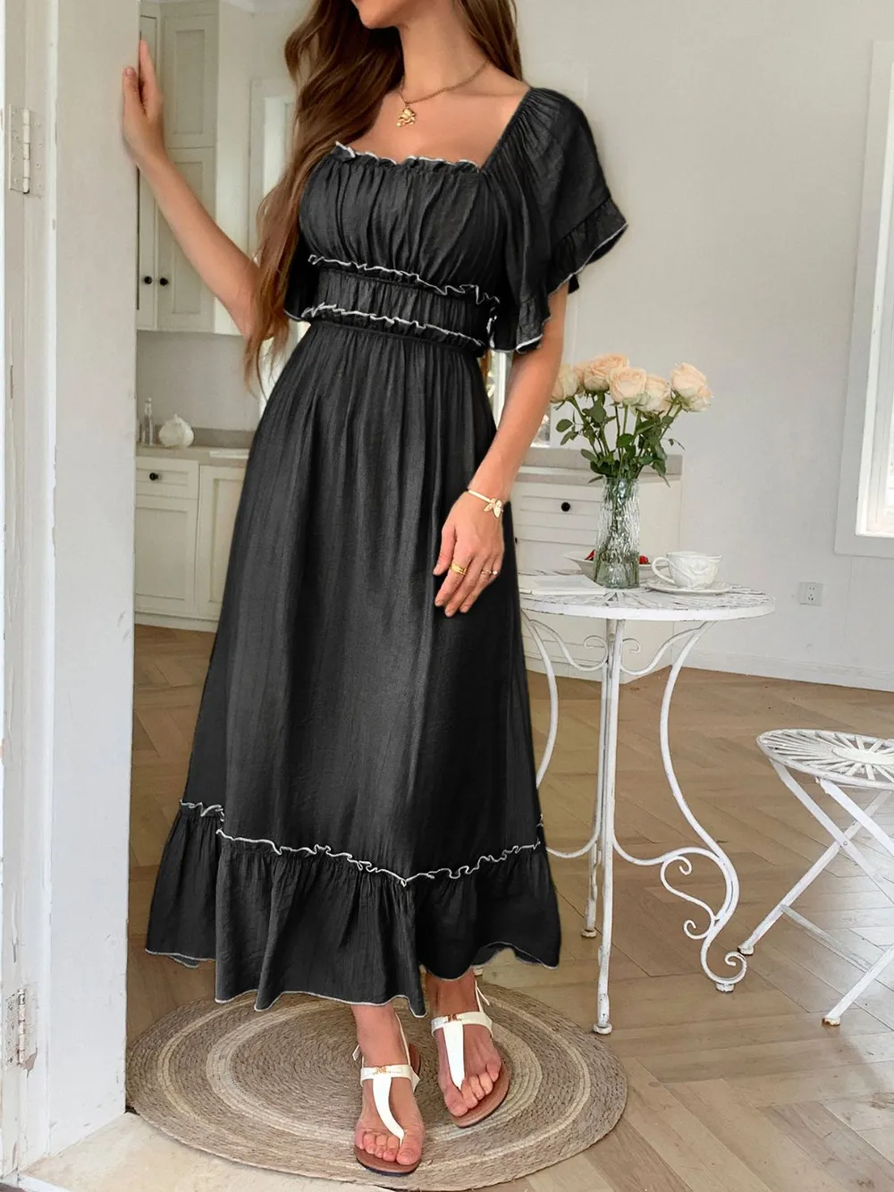 Square Neck Puff Sleeve Ruffle Trim Maxi Dress, image 8