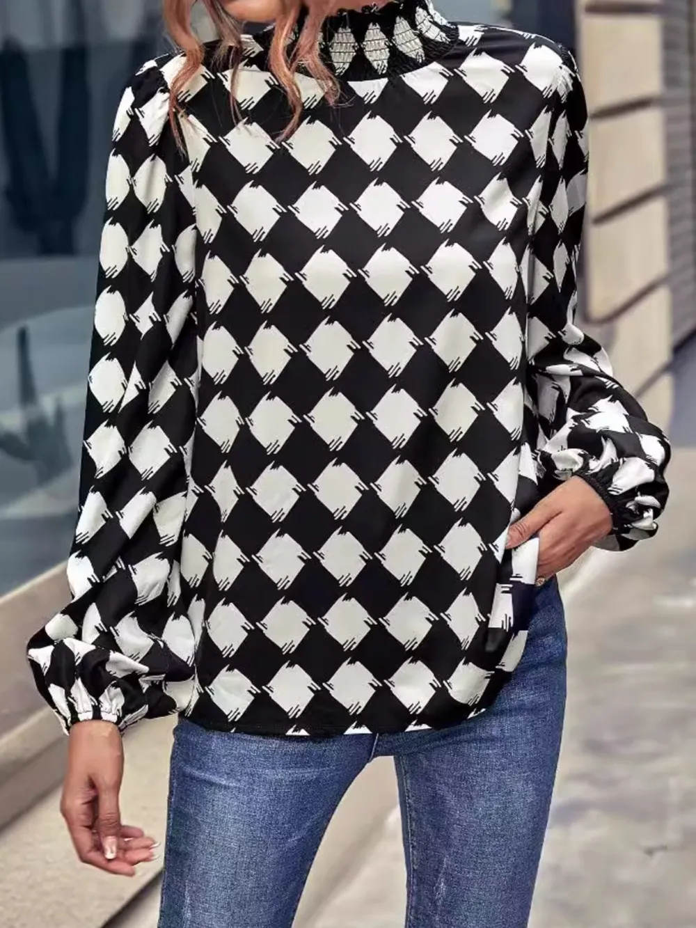 Checkered Pattern Balloon Sleeve Blouse, image 3