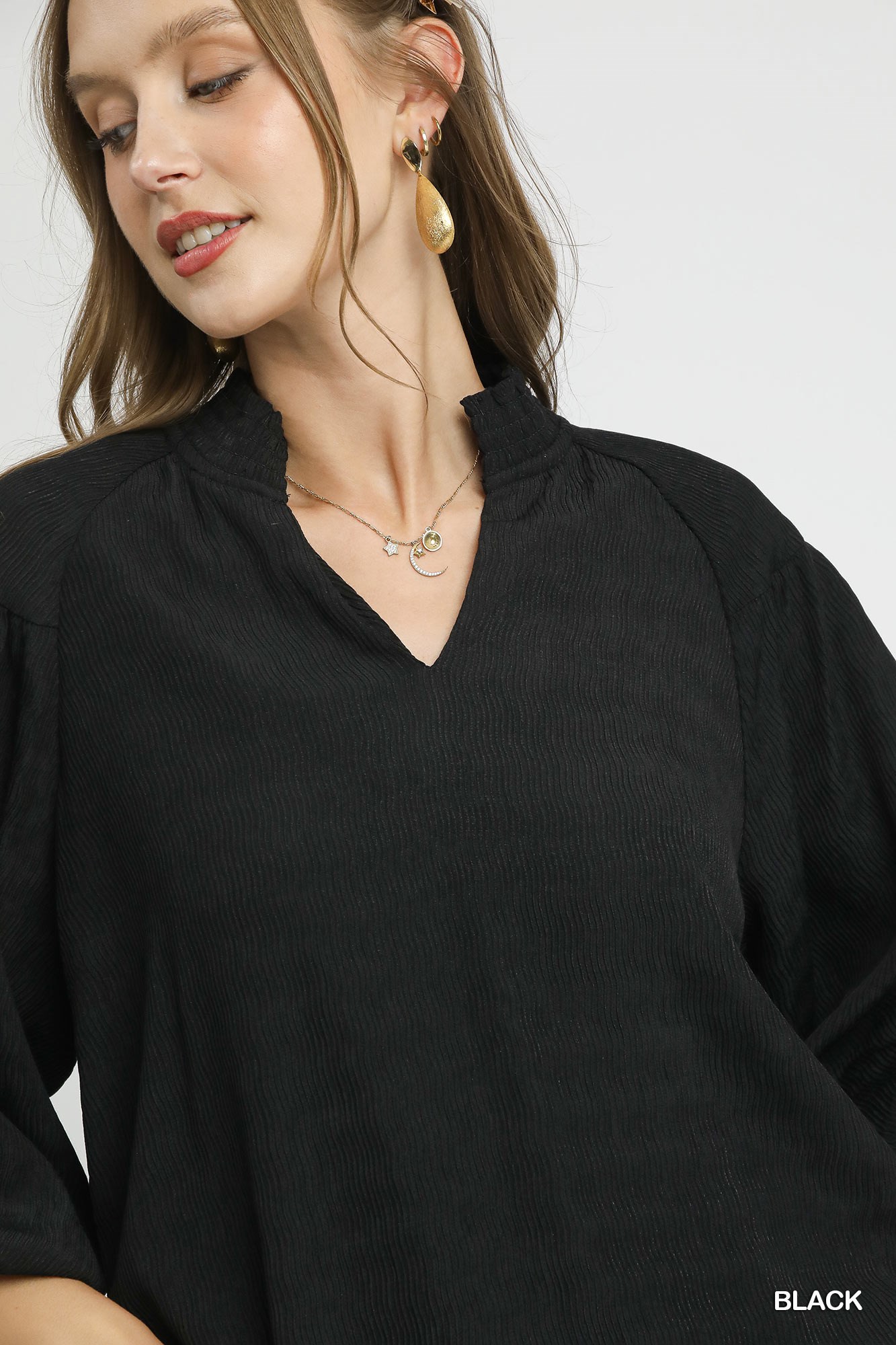 Textured V-Neck Blouse with Balloon Sleeves, image 5