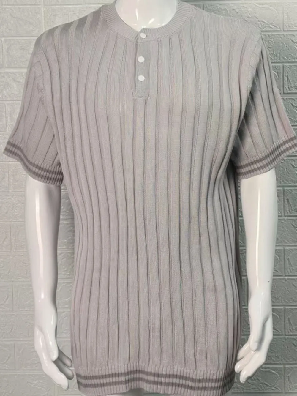 Men's Plus Size Ribbed Quarter Button Round Neck Striped Trim Polo, image 7