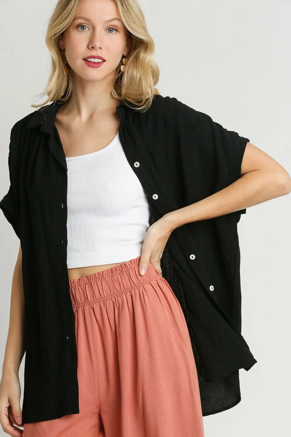 Full Size Textured Button Down Short Sleeve Shirt Plus Size