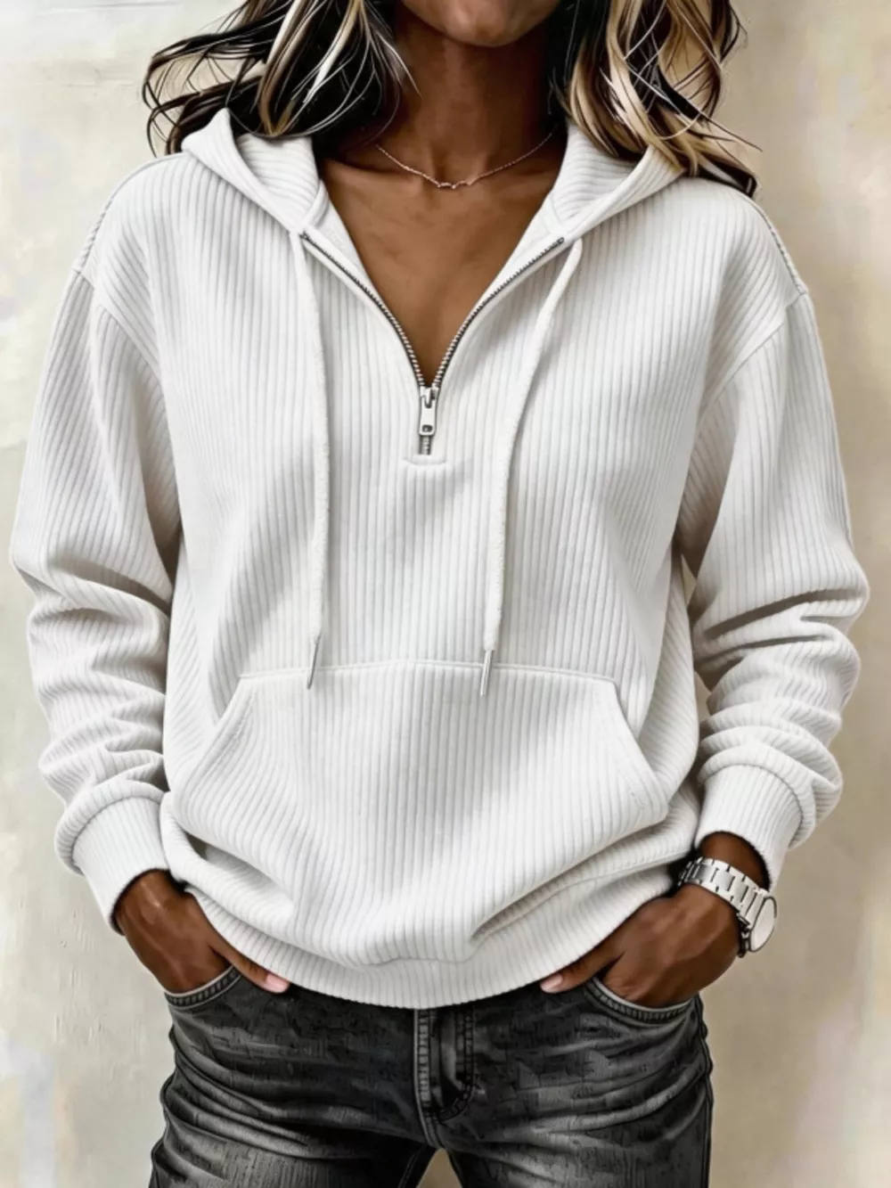 Ribbed Knit Quarter-Zip Hoodie, image 10