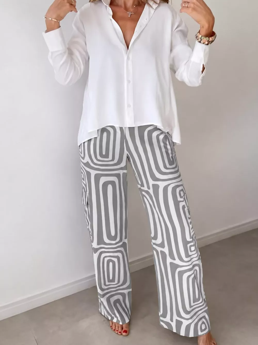 Full Size Chic Button-Down Shirt and Geometric Wide-Leg Pants Set Plus Size, image 10