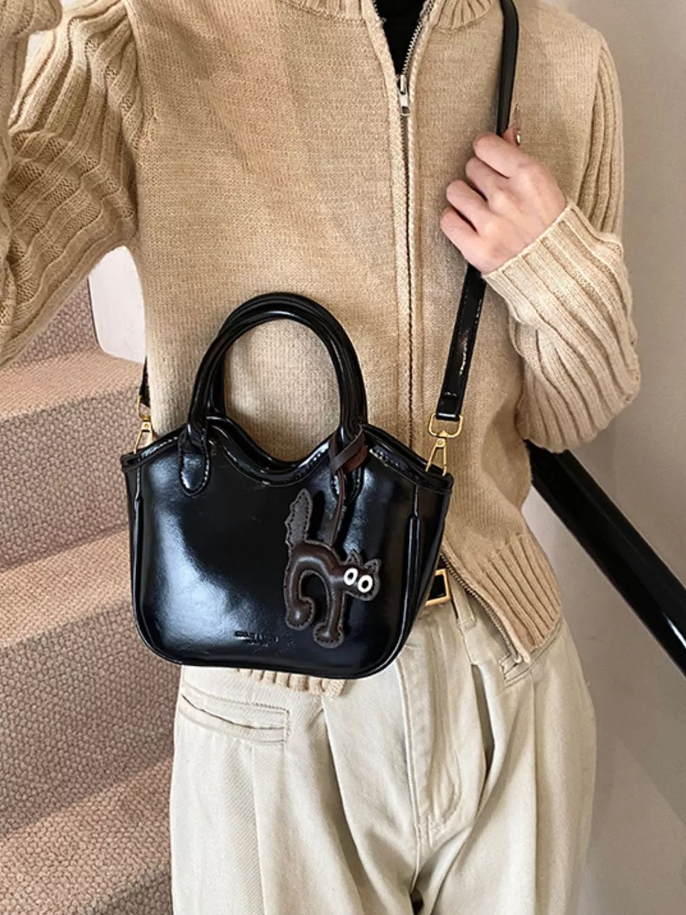 Leather Cat Charm Crossbody Bag, image 4