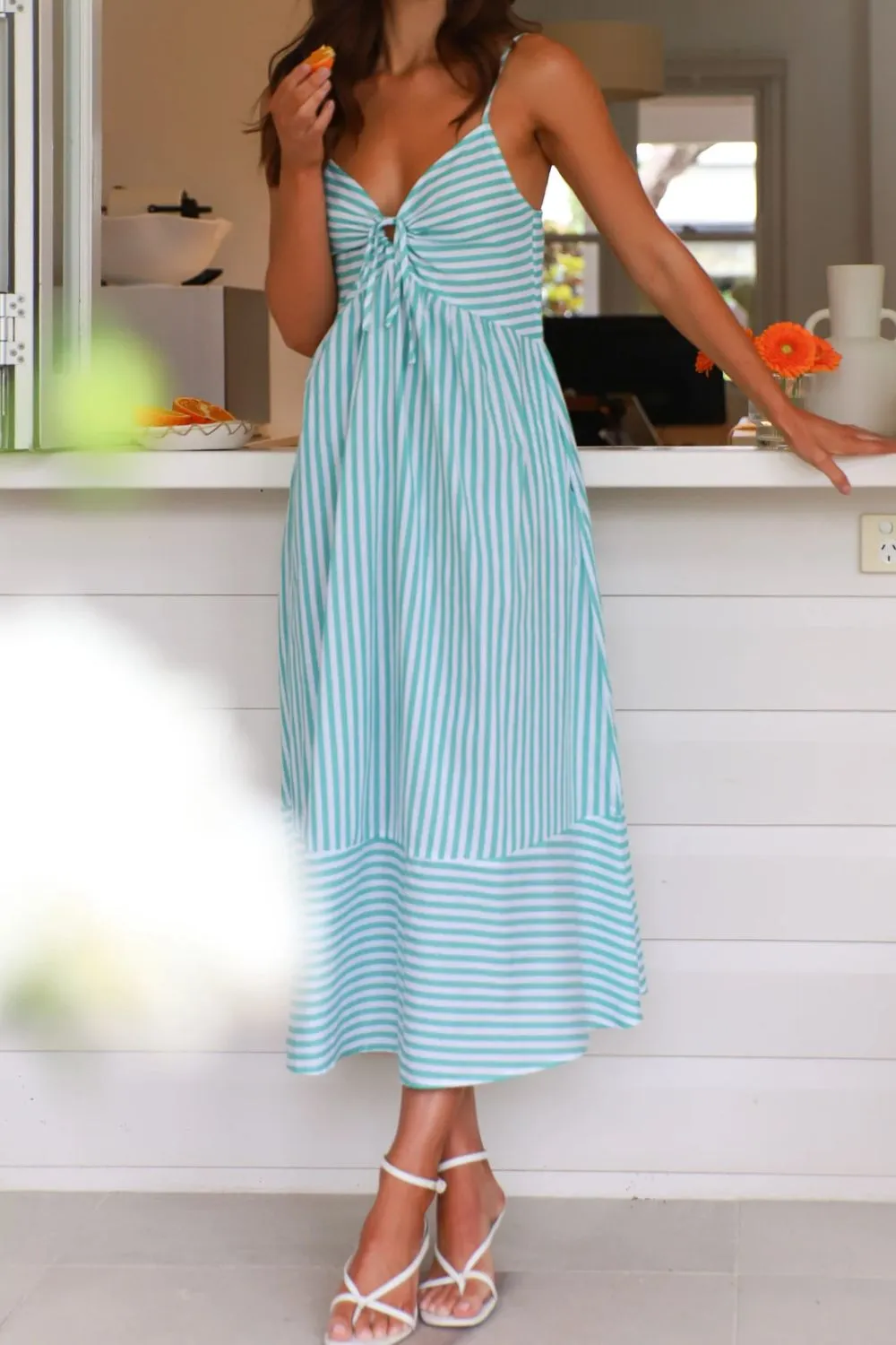 Smocked Back Striped Sleeveless Midi Dress, image 2