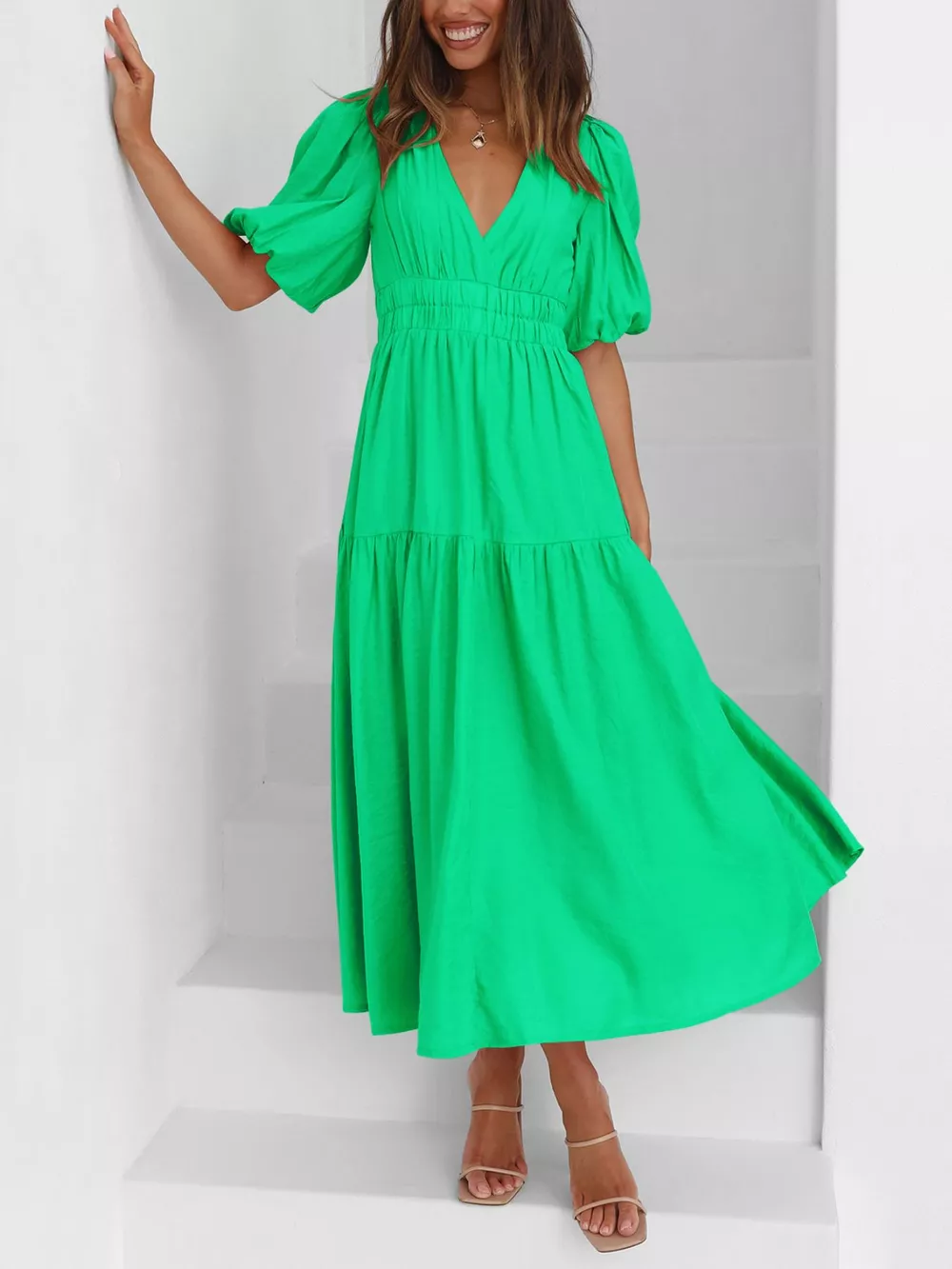 Elegant Puff Sleeve V-Neck Midi Dress, image 22