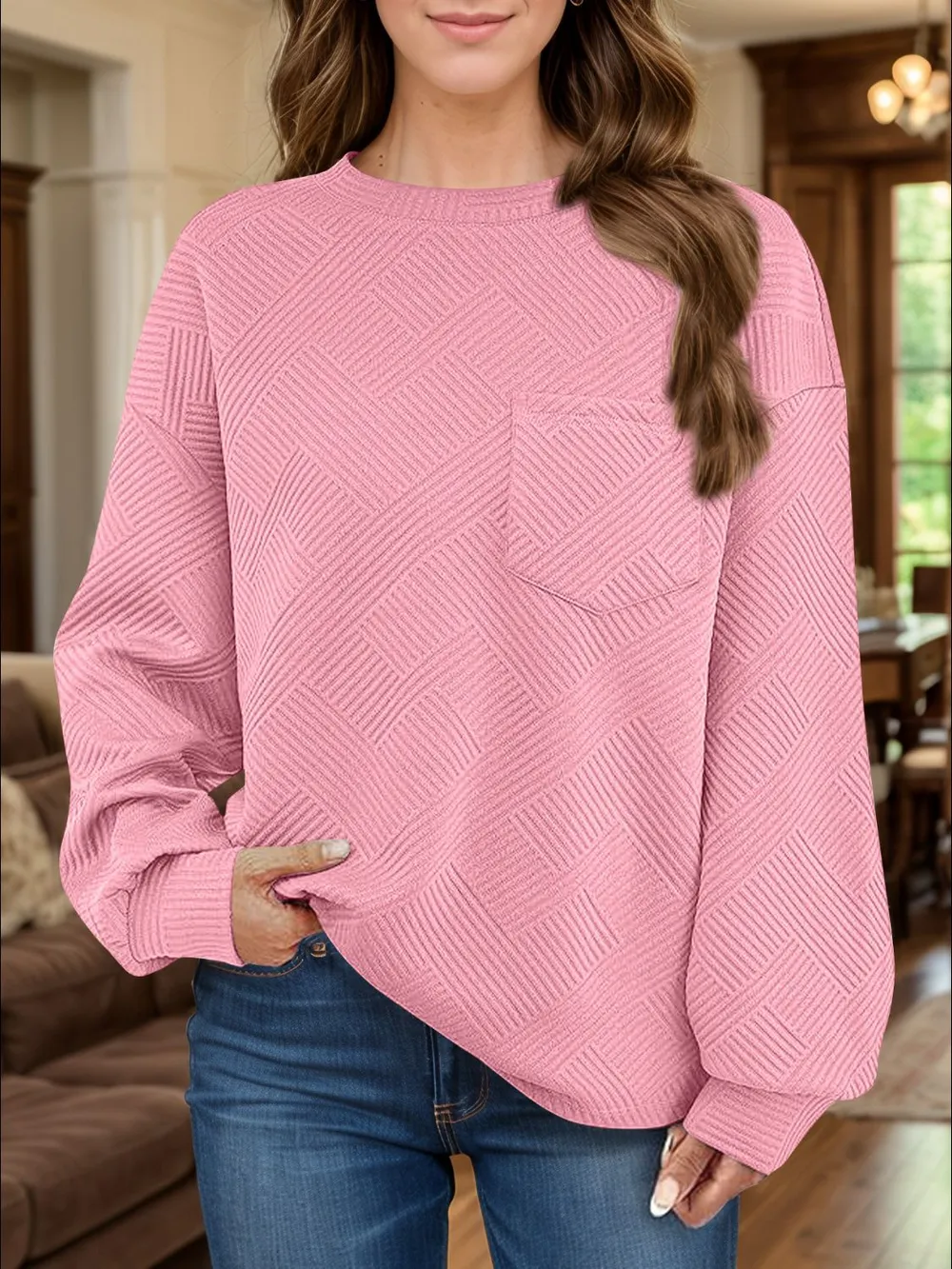 Full Size Texture Round Neck Long Sleeve Sweatshirt, image 15