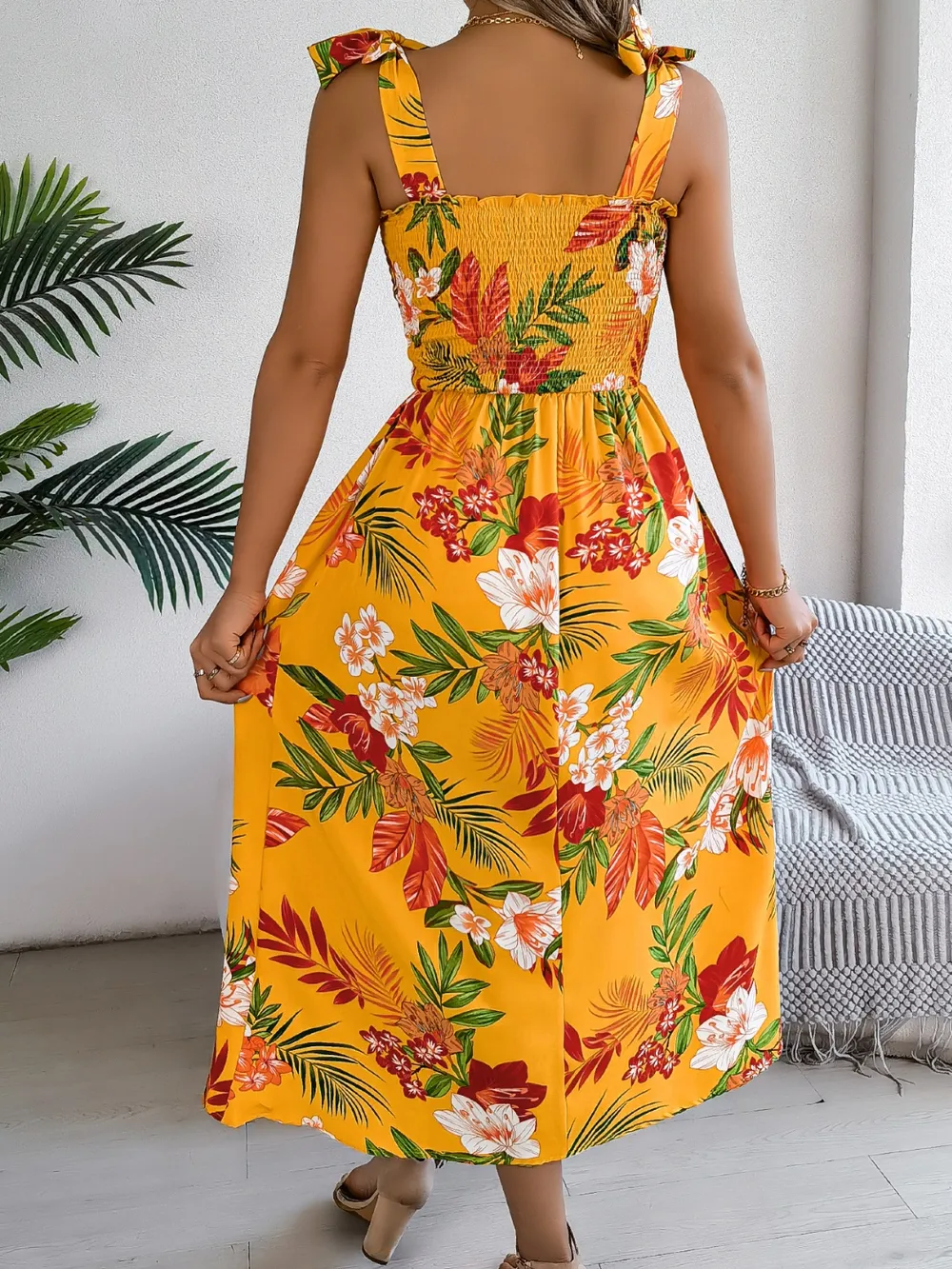 Smocked Floral Tie Shoulder Midi Dress, image 2