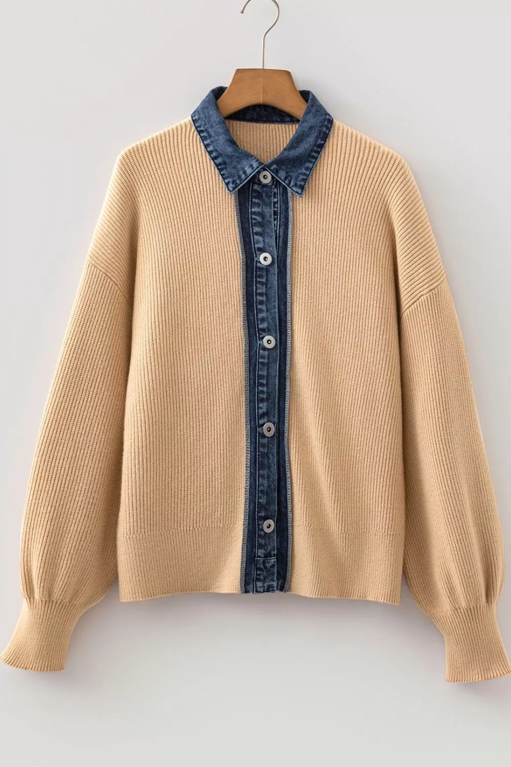 Drop Shoulder Placket Paneling Shirt Collar Long Sleeve Cardigan, image 6