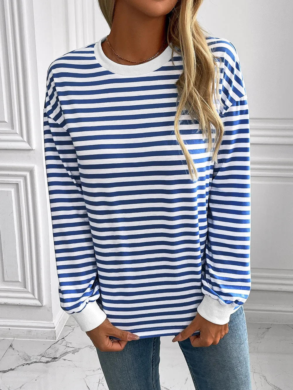 Striped Round Neck Long Sleeve Sweatshirt, image 2