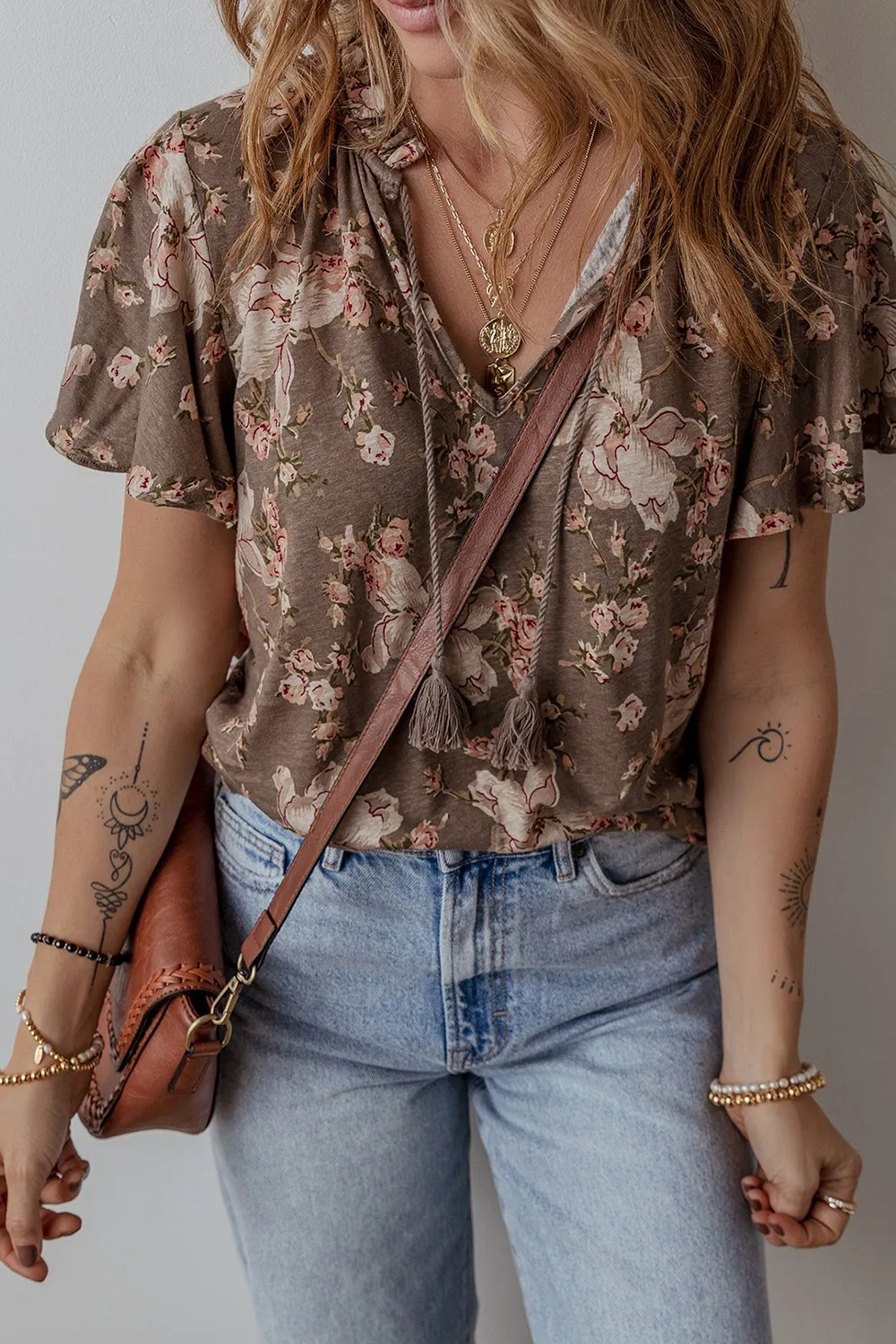 Floral Print Tassel Tie Split Neck Short Sleeve Blouse, image 3