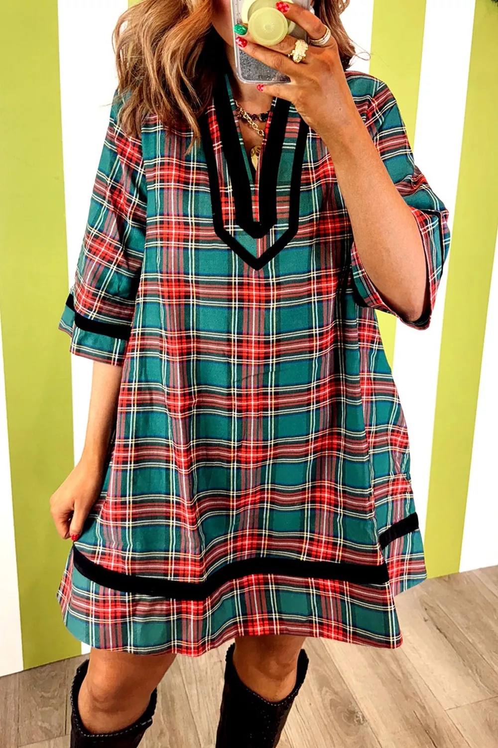 Plaid Velvet Trim Pockets Short Shift Dress, image 2
