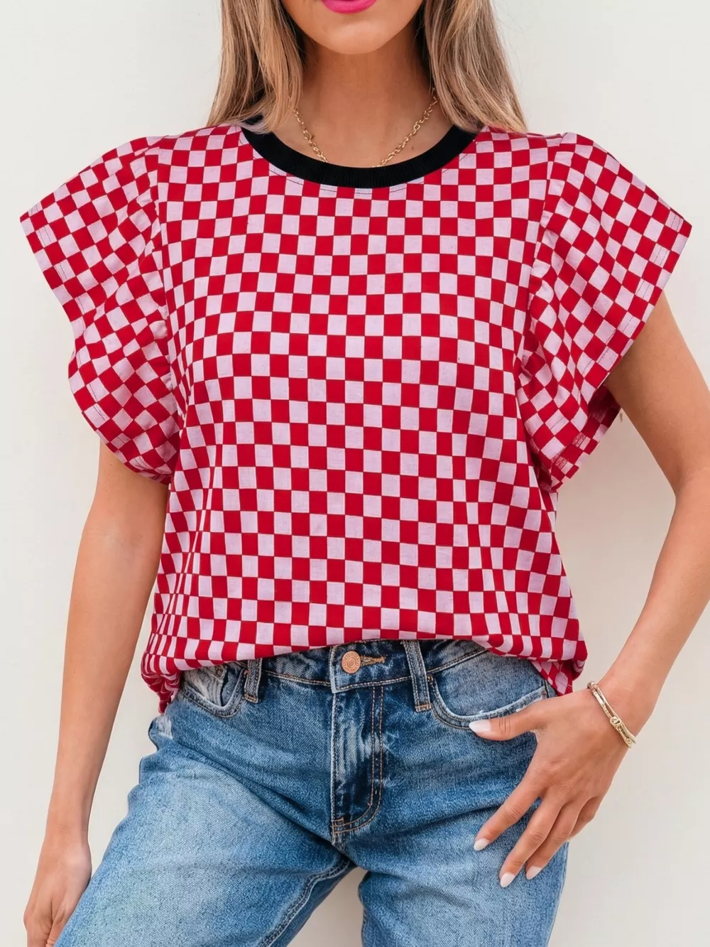 Checkered Print Ruffle Cap Sleeve Contrast Trim Round Neck Top