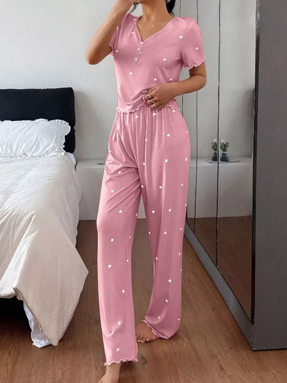 Heart Print Lettuce Trim Top and Pants Loungewear Set, image 2