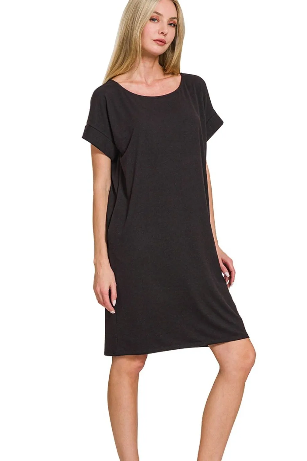 Rolled Short Sleeve Round Neck Dress