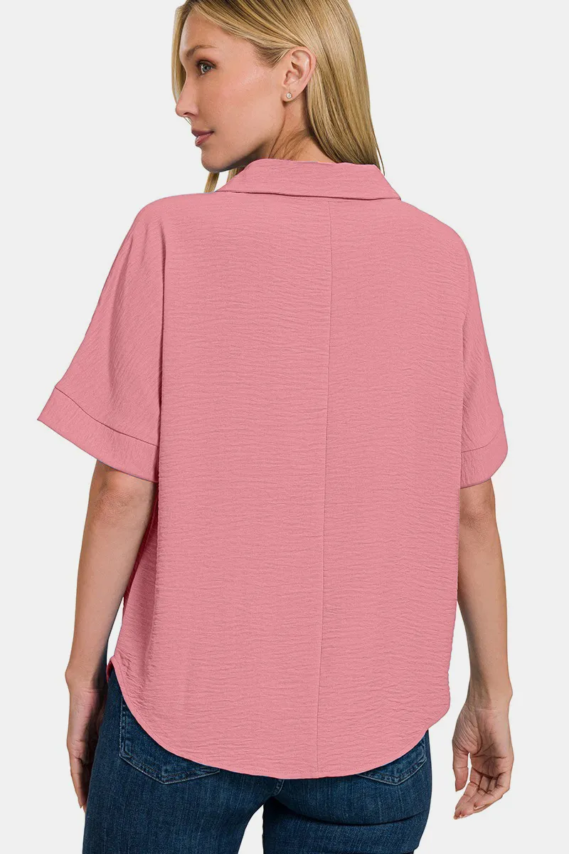 Texture Collared Neck Short Sleeve Top, image 2