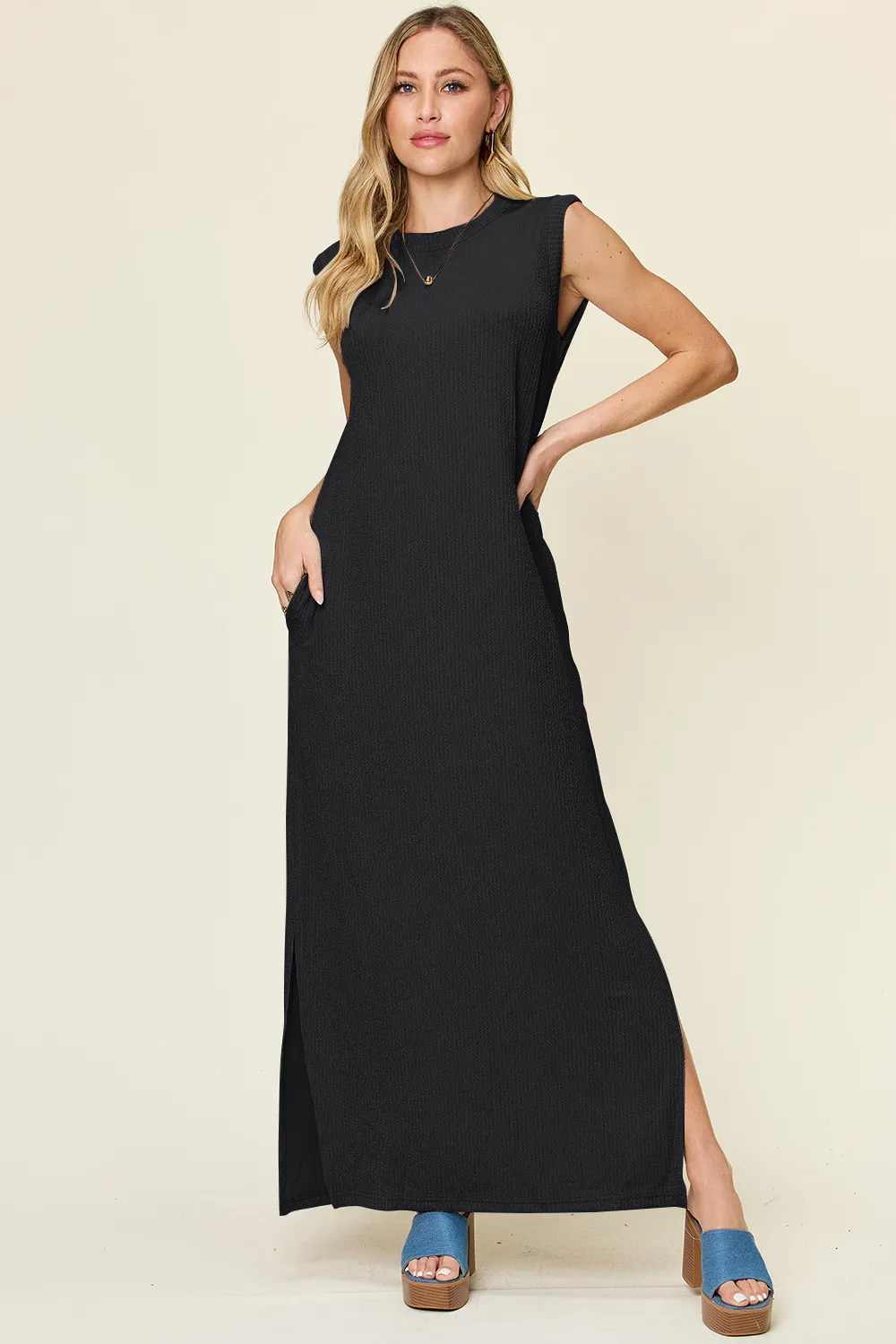 Full Size Texture Mock Neck Sleeveless Maxi Dress
