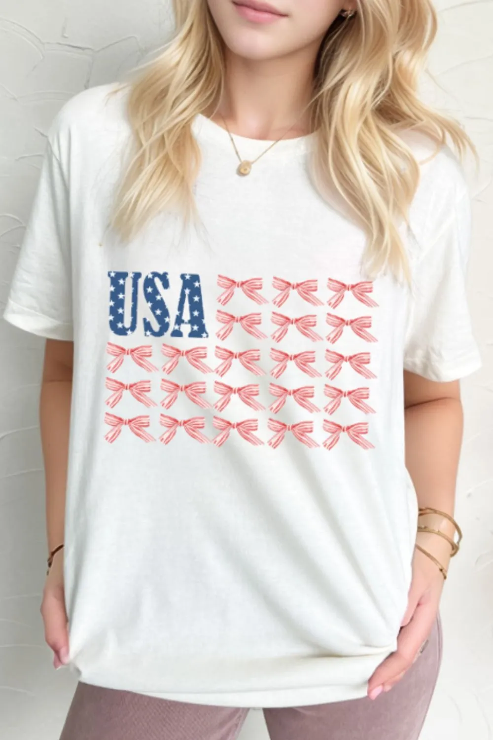 USA Flag Bow Knot Print Round Neck T Shirt, image 2
