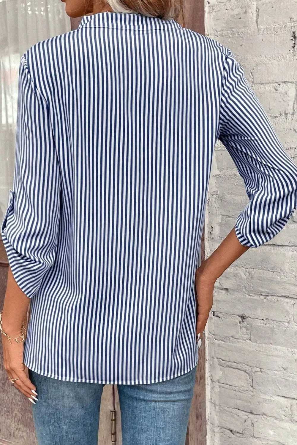 Striped Notched Roll-Tab Sleeve Shirt, image 16