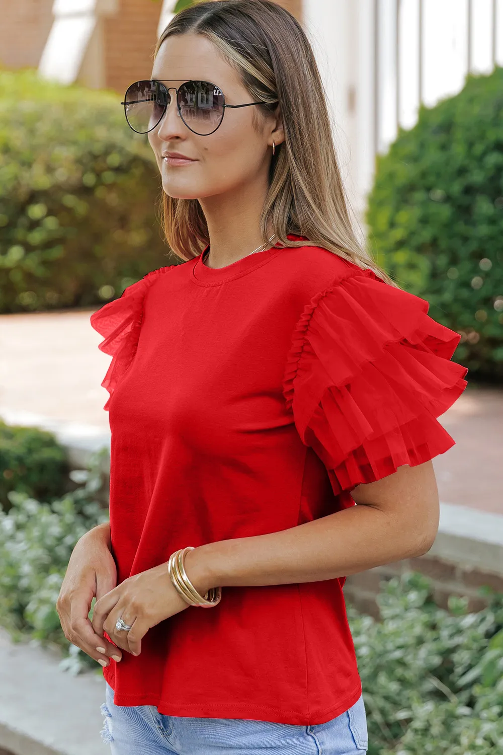 Ruffled Round Neck Short Sleeve Blouse, image 3