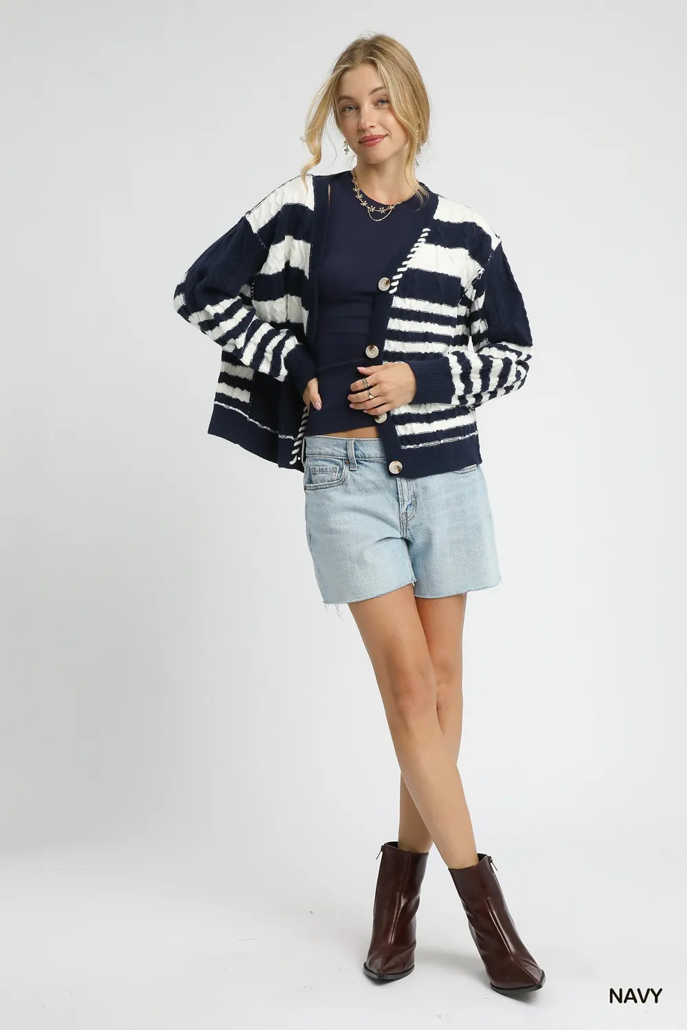 Cable-Knit Stripe Button-Up Cardigan, image 4