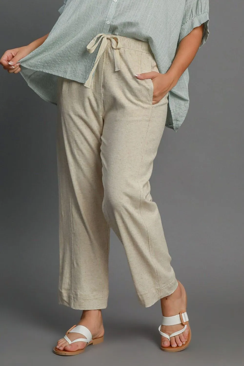 Full Size Drawstring Elastic Waistband Linen Blend Pants Plus Size, image 2