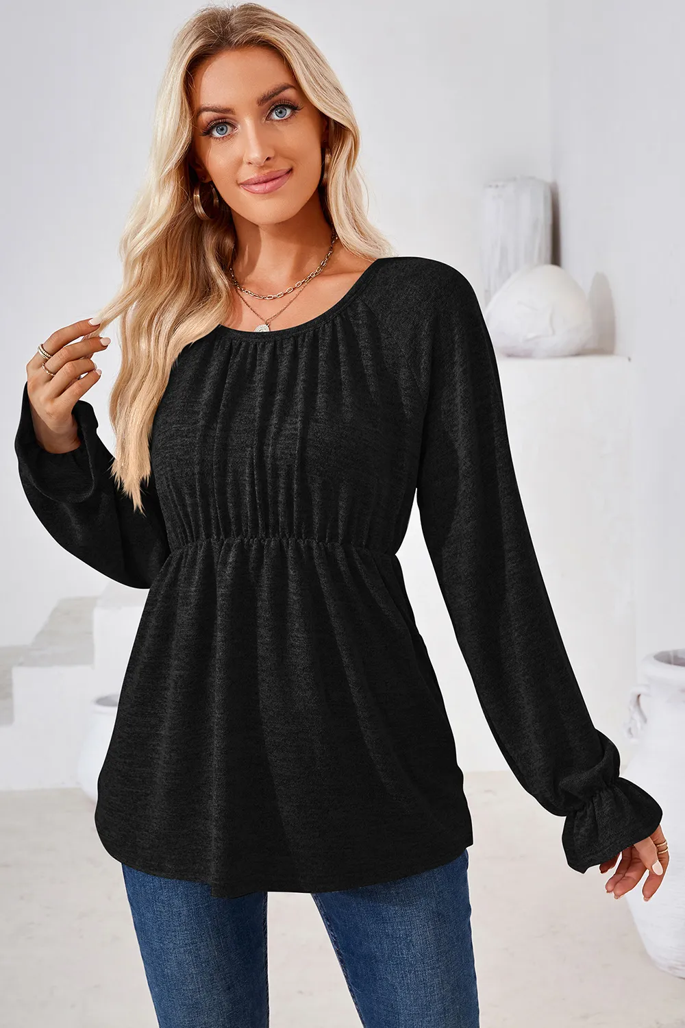 Ruched Round Neck Flounce Sleeve Blouse, image 3