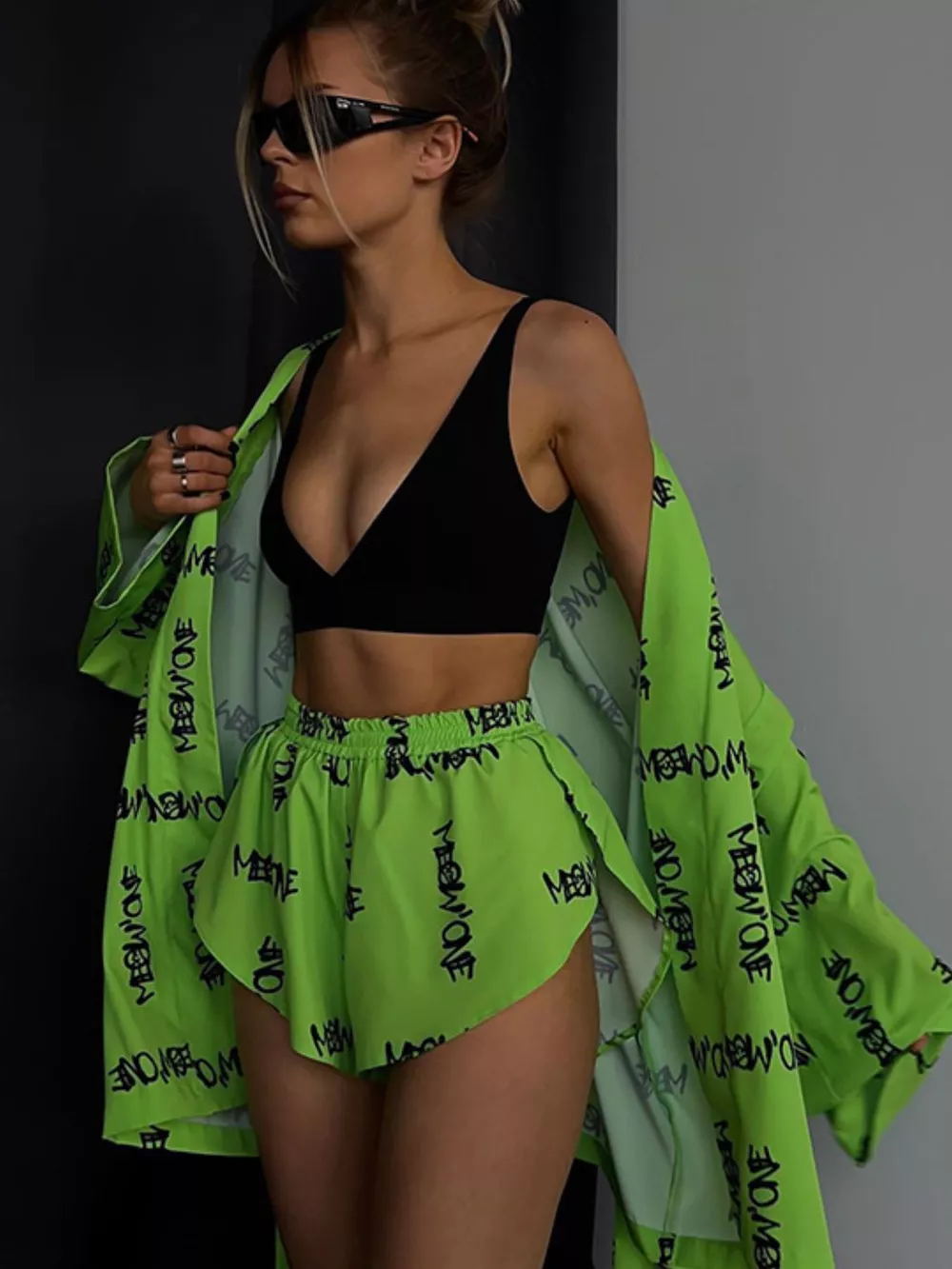 Geometric Cat Print Cardigan and Shorts Lounge Set, image 13