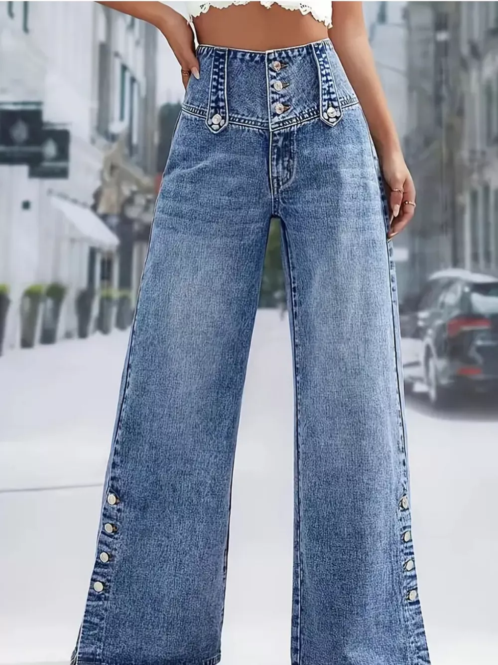 High Waist Button Decor Wide Leg Jeans, image 3