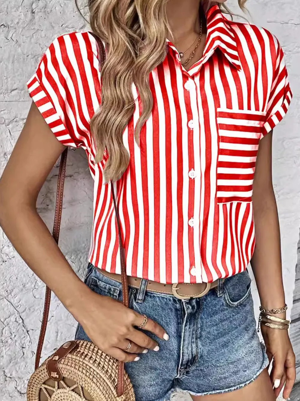 Striped Button-Up Short Sleeve Shirt with Pocket, image 5