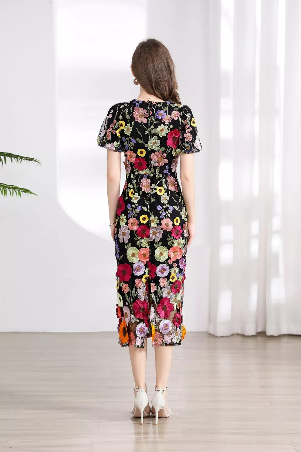 Floral Embroidered Puff Sleeve Midi Dress, image 31