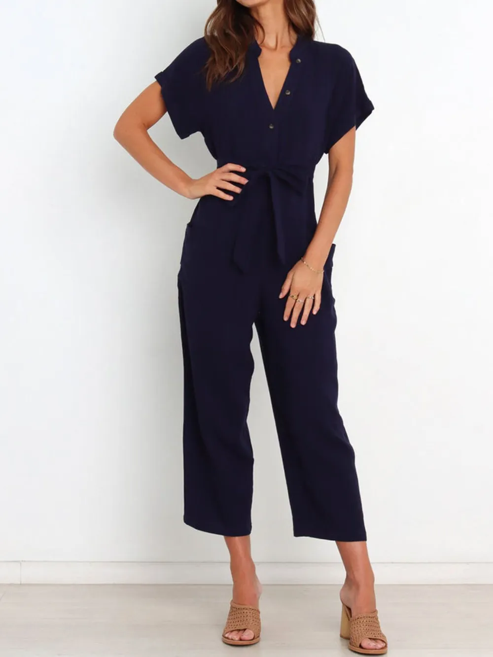 Notched Short Sleeve Tie Waist Jumpsuit