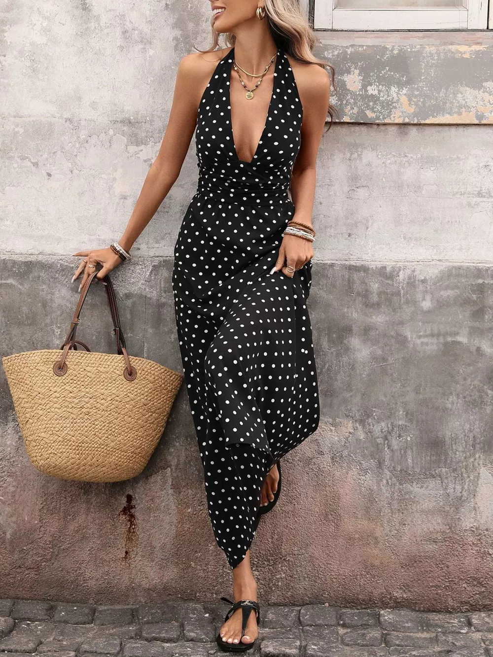 Polka Dot Halter Neck Maxi Dress, image 3