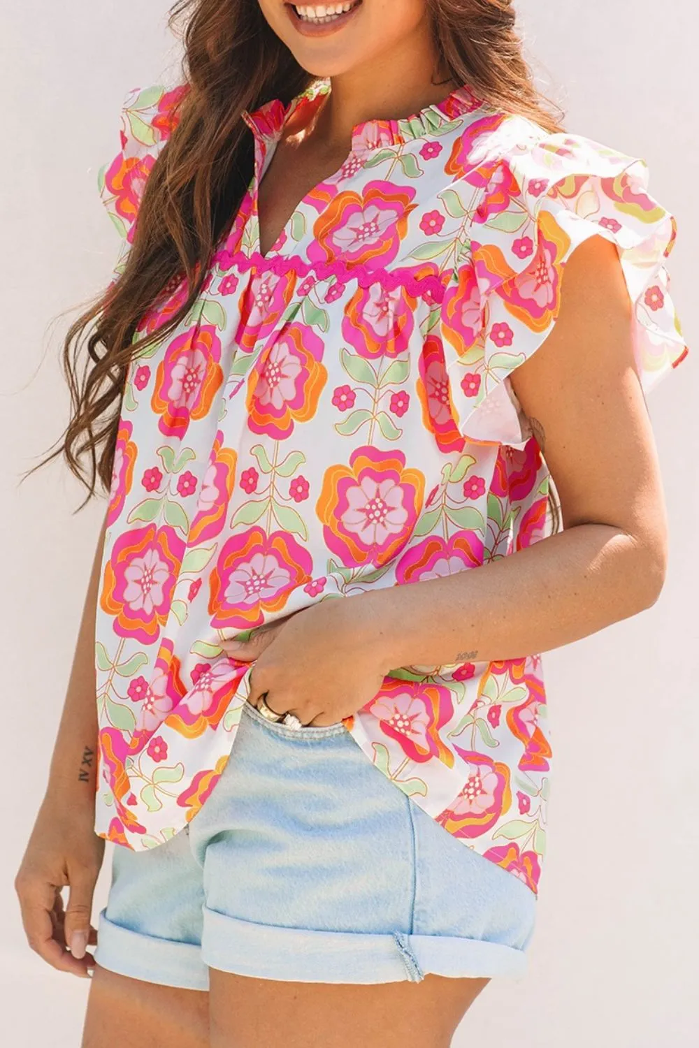 Floral Ruffled Sleeve Ric-Rac Trim Split Neck Loose Blouse, image 2