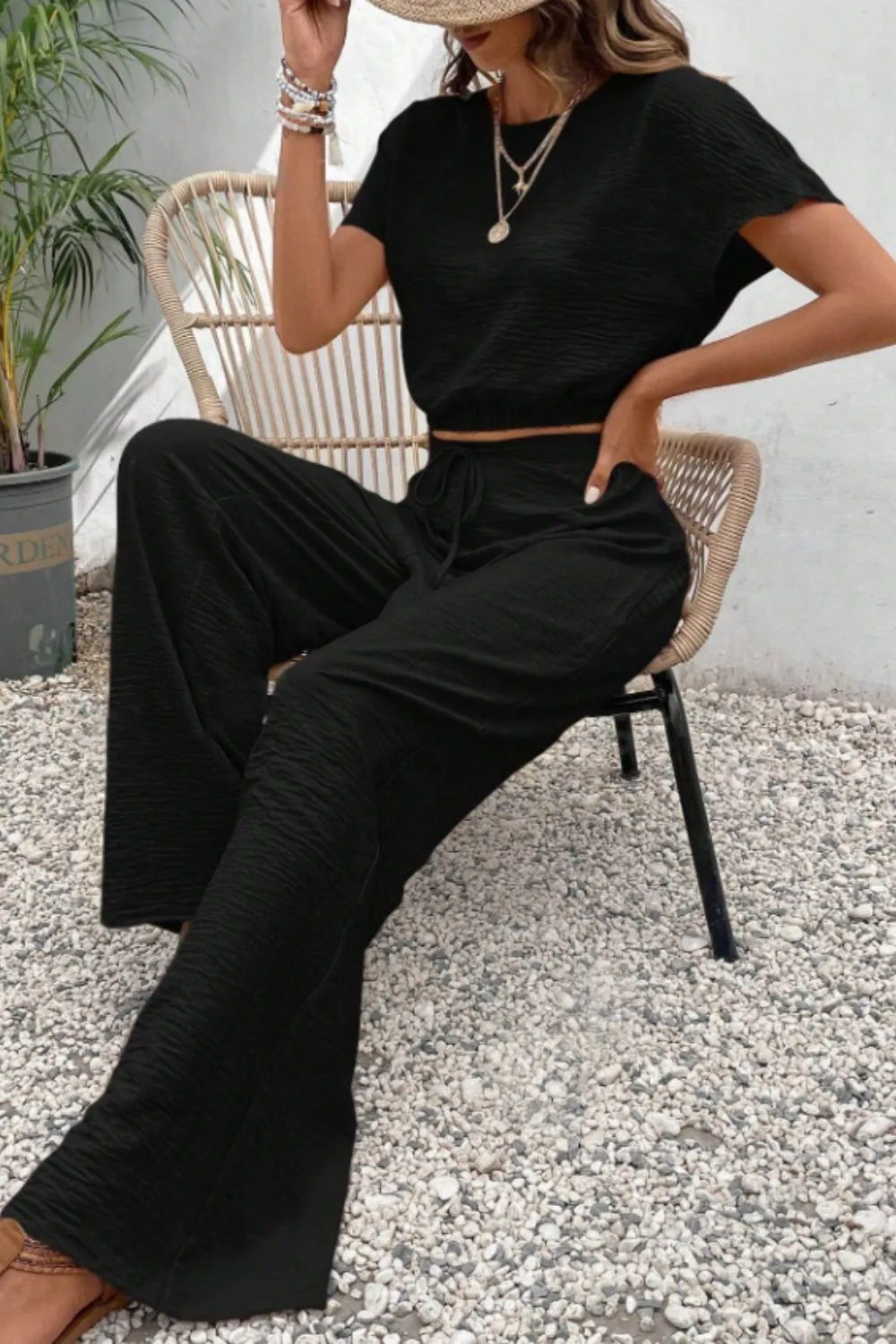 Round Neck Short Sleeve Top and Pants Set, image 2
