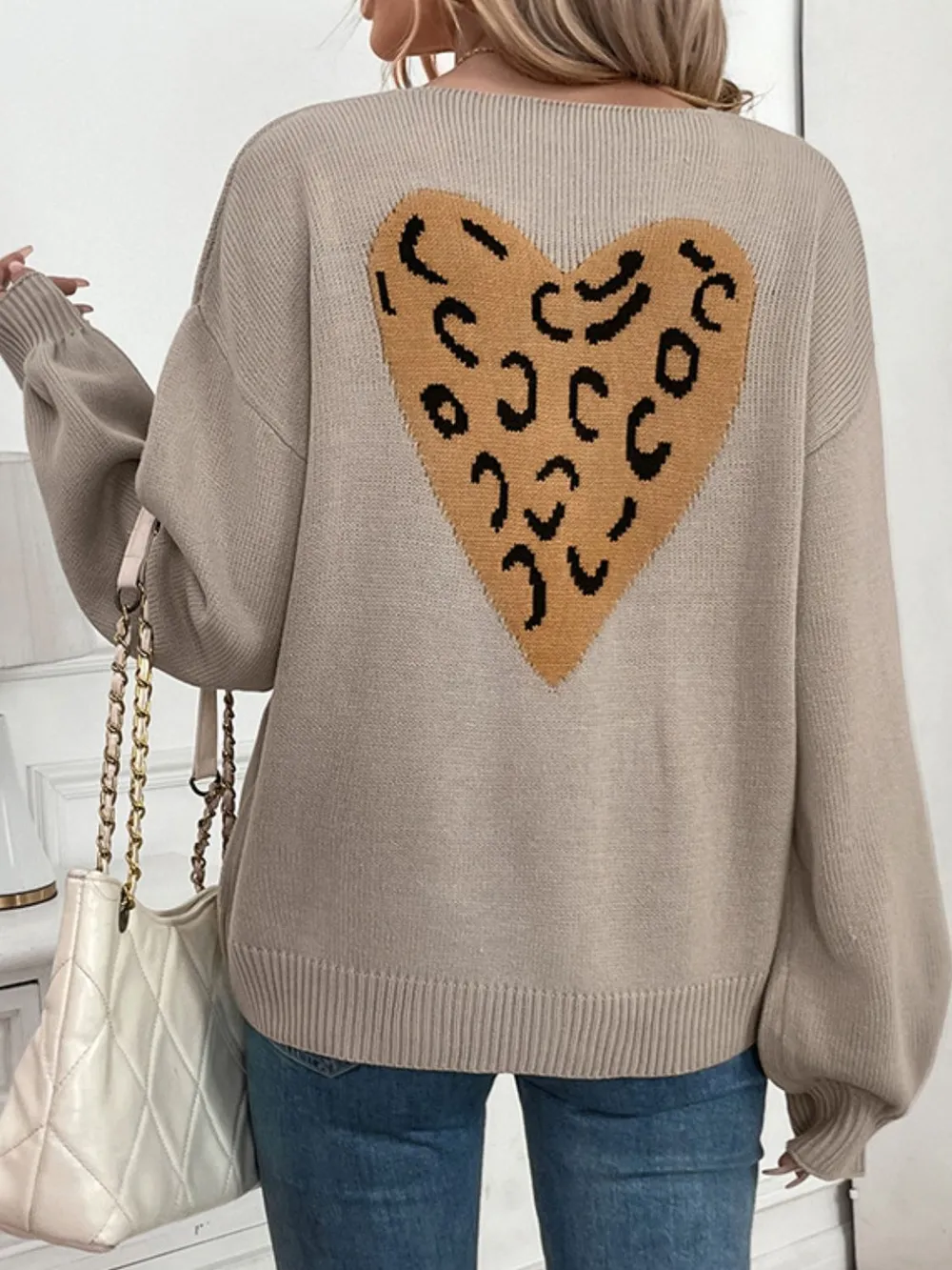 Tied Contrast Heart V-Neck Long Sleeve Cardigan, image 2
