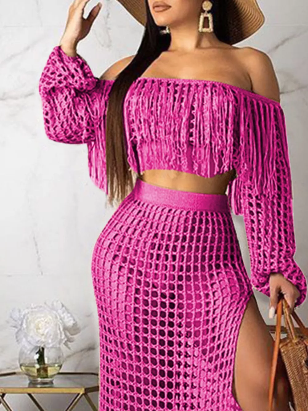 Full Size Crochet Off-Shoulder Fringe Top and Skirt Set Plus Size, image 14