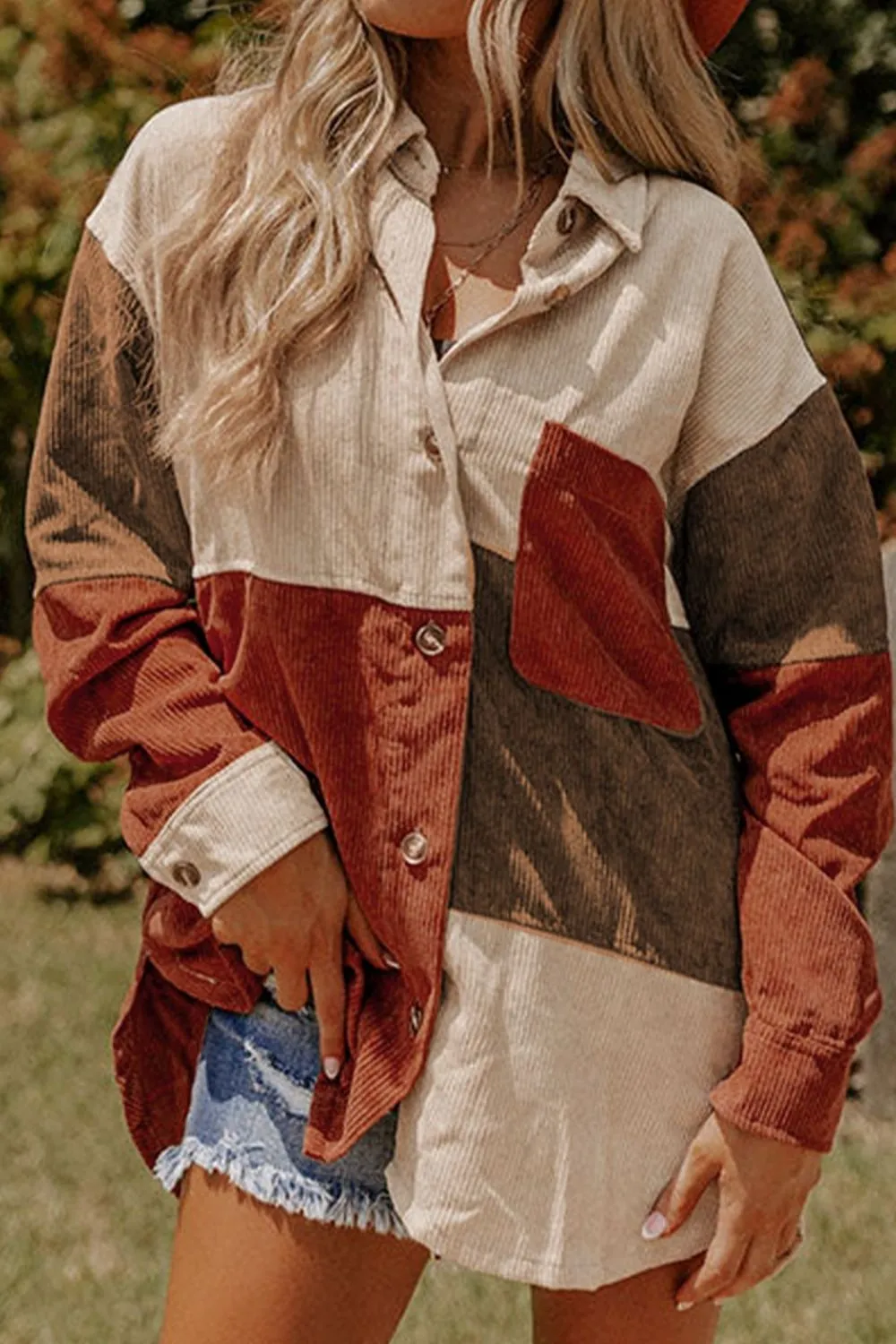 Color Block Curved Hem Corduroy Shacket with Pocket, image 11