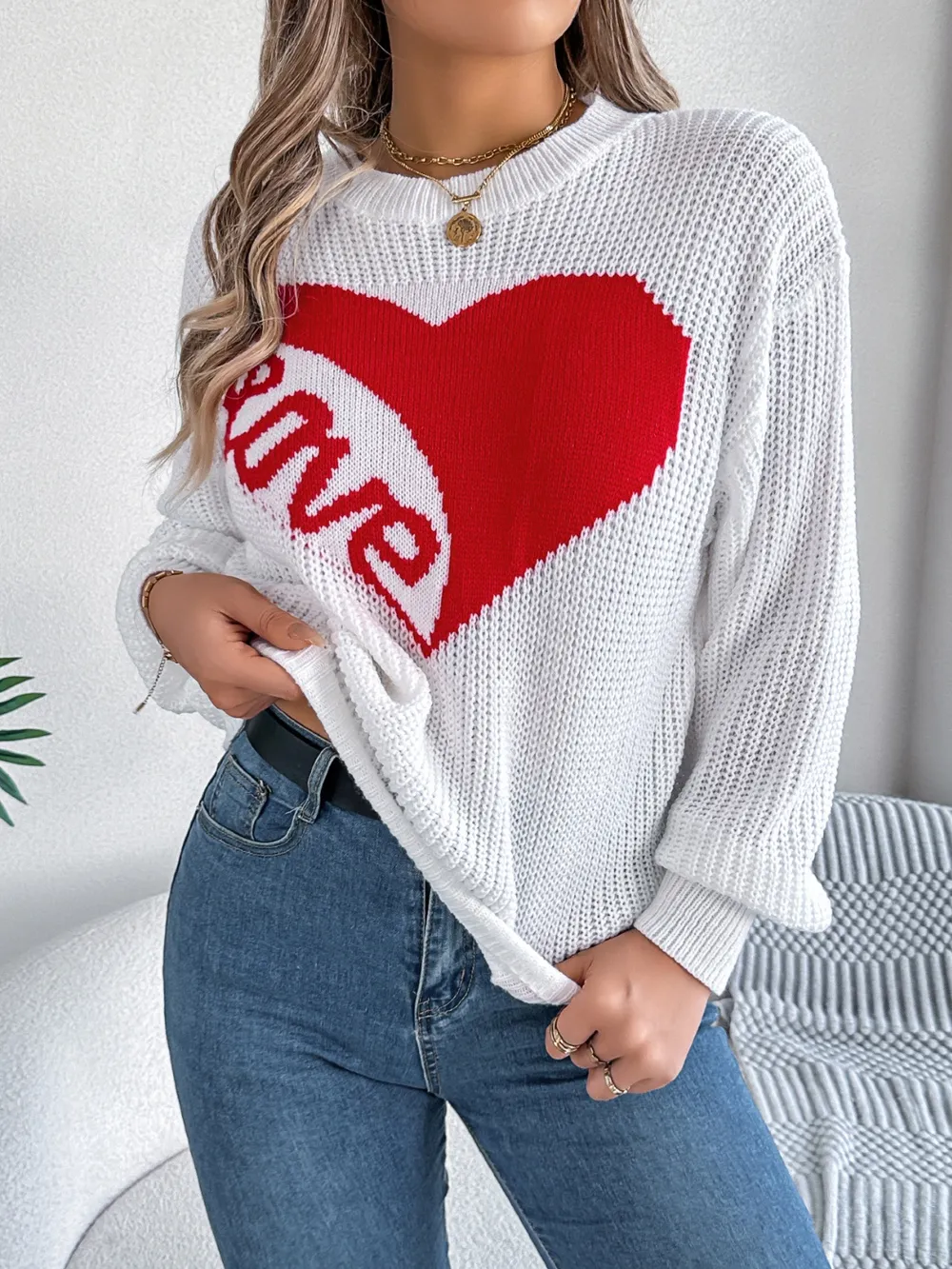 LOVE Heart Round Neck Dropped Shoulder Sweater, image 8