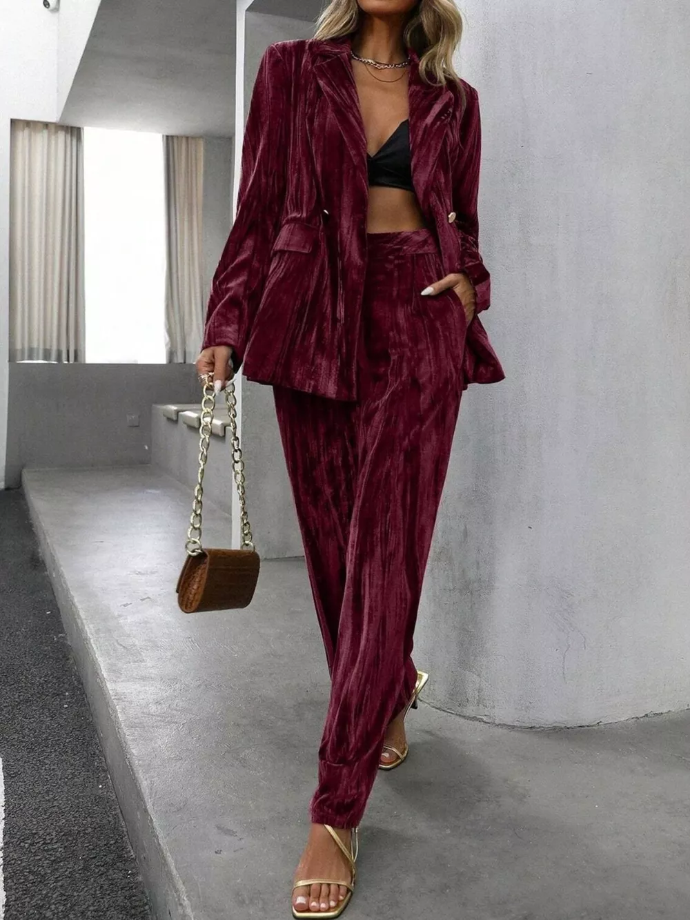Lapel Collar Long Sleeve Blazer and Pants Set, image 2